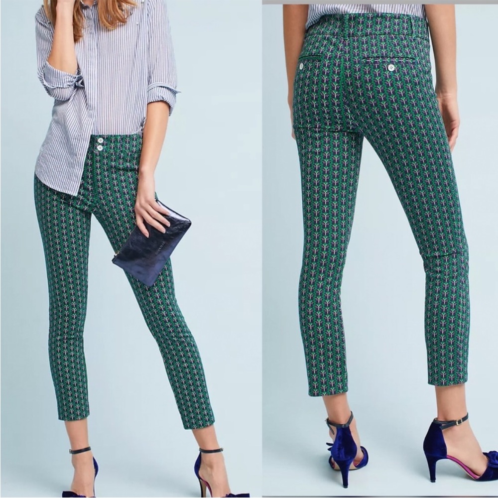 By Anthropologie blue green butterfly print slim career office chino pants 6